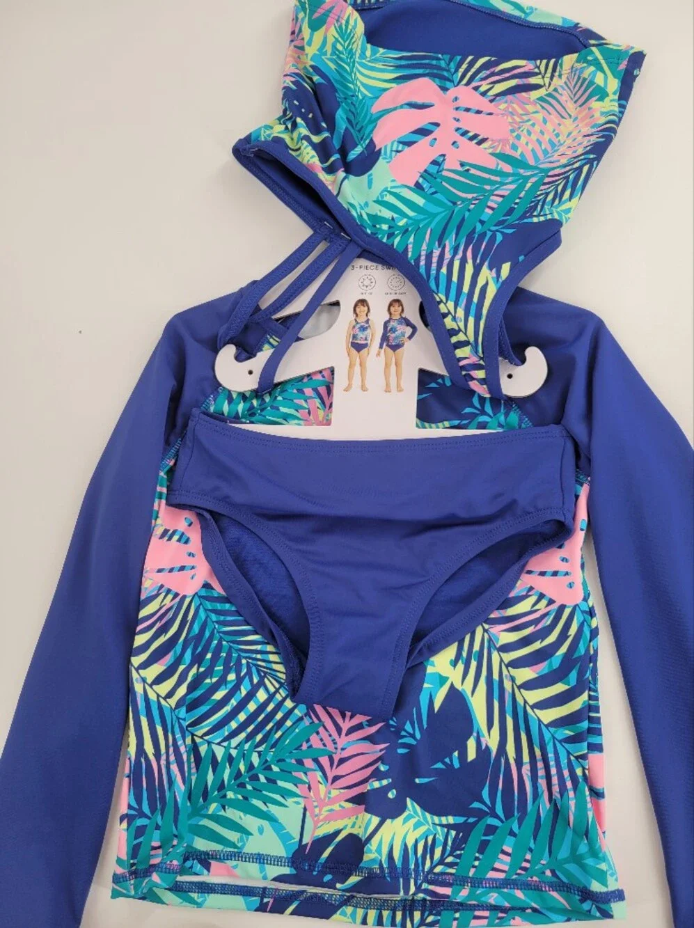 Lands' End Girls' 3pc Blue Tropical Print Rash Guard Set New
